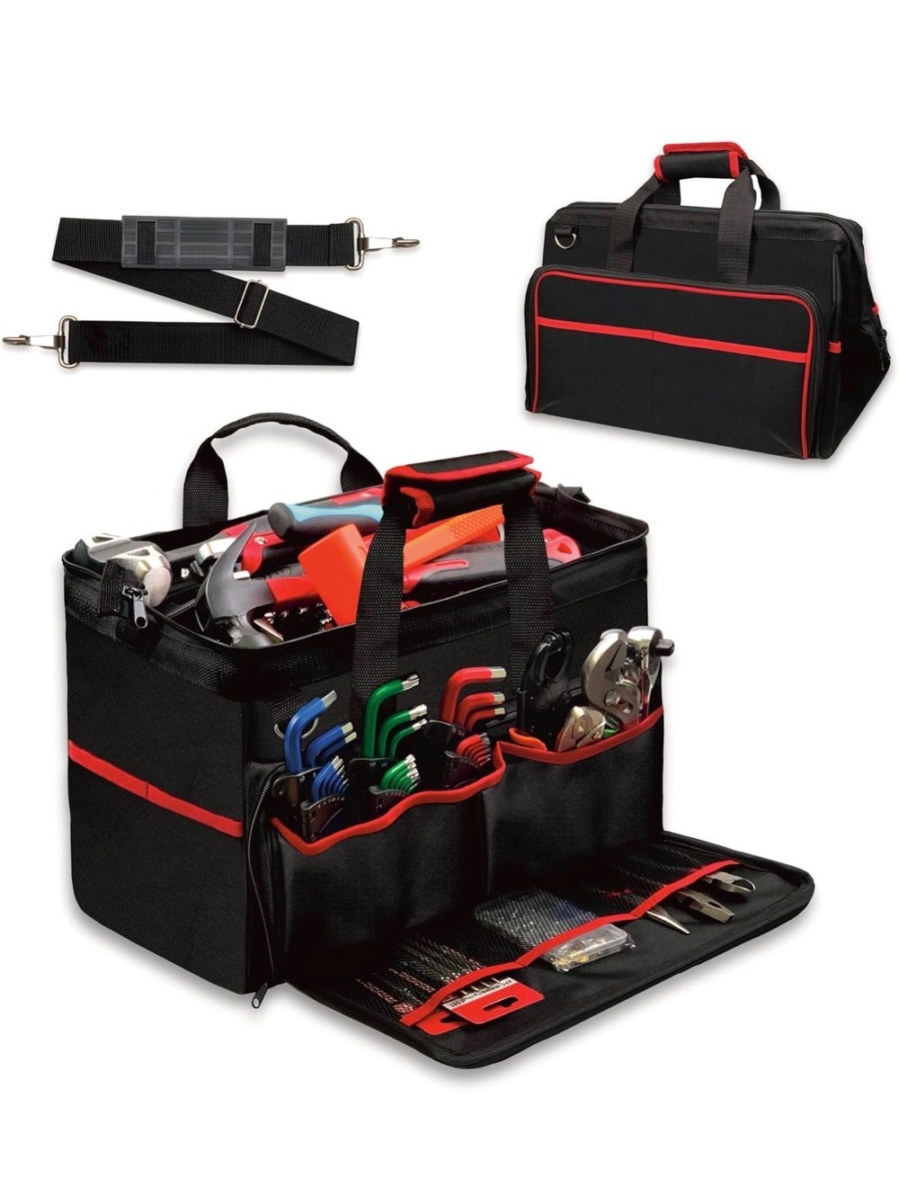 WETT 17.3” Heavy Duty Tool Bag 30 Pocket Organizer Black Red w/ Shoulder Strap